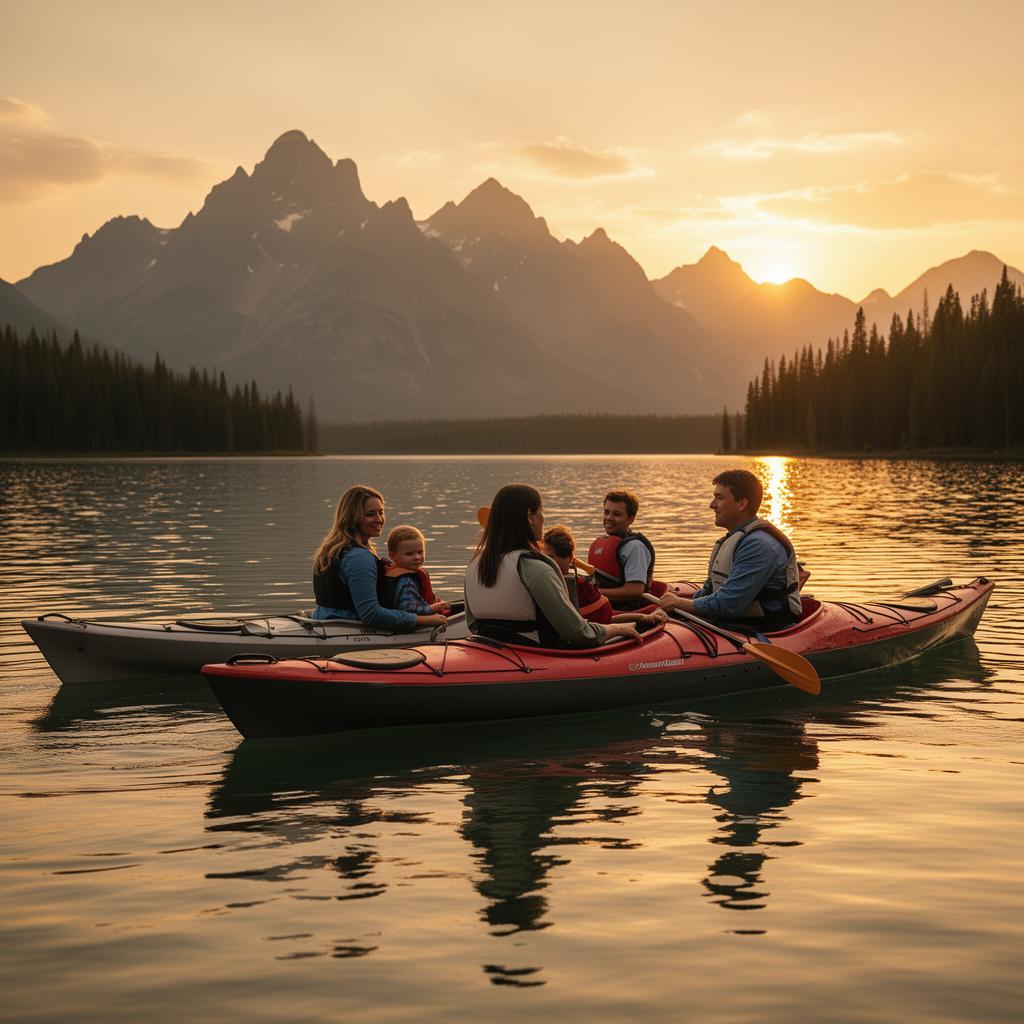 Family kayaking on Sylvan Lake at sunset with mountains in the distance
