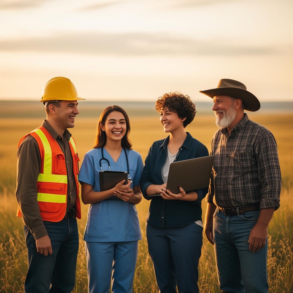 Diverse Central Alberta workforce — engineer, nurse, tech worker and farmer in the prairie golden hour